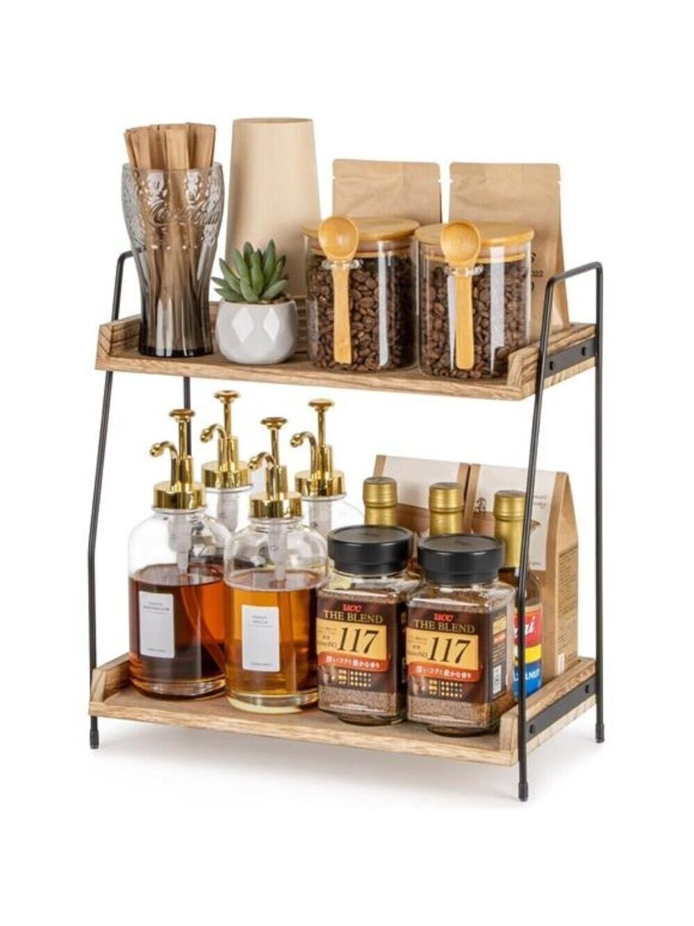 Wood Coffee Station Organizer 2 Tier Shelf Kitchen Counter Storage Home Office